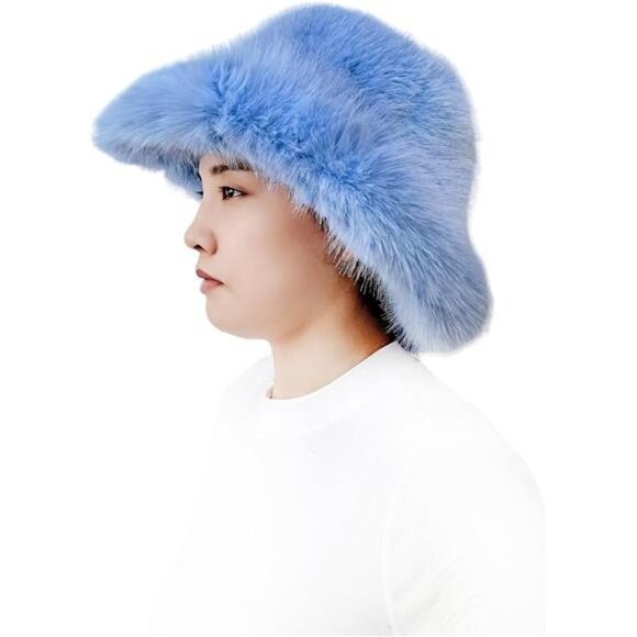 Oversized Winter Faux Fur Bucket Hat for Women Light Blue - Picture 3 of 5